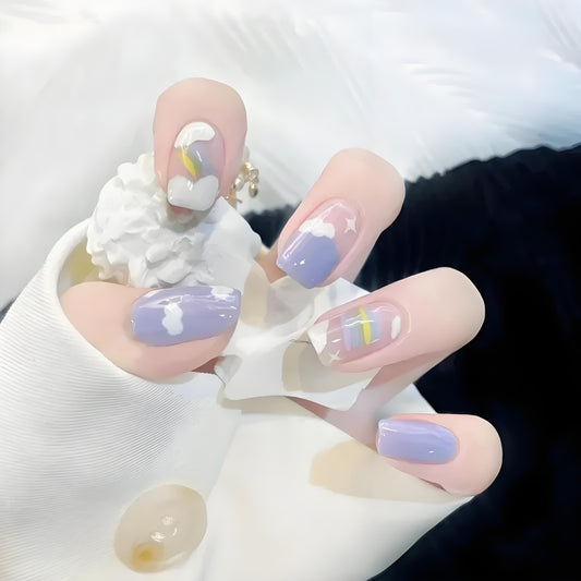 Short Cute Press-On Nails - White Cloud & Rainbow Design, Full Coverage & Waterproof