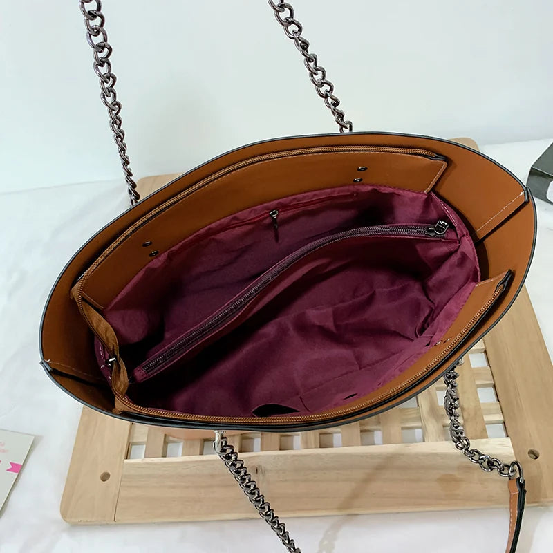 Fashionable PU Leather Shoulder Bag with Chains: Large Capacity Tote for Women