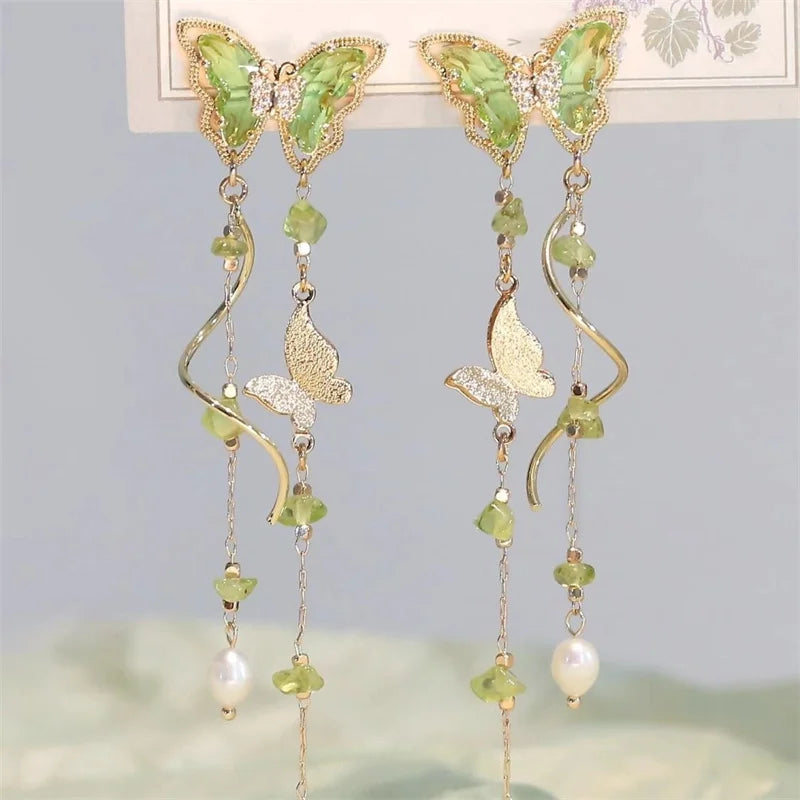 Exquisite Green Zircon Butterfly Tassel Earrings for Women - Perfect for Weddings and Parties