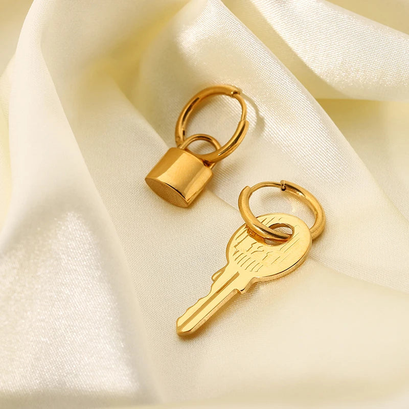 Jewerly Ideas: Chic 18K Gold Plated Stainless Steel Key Lock Hoop Earrings