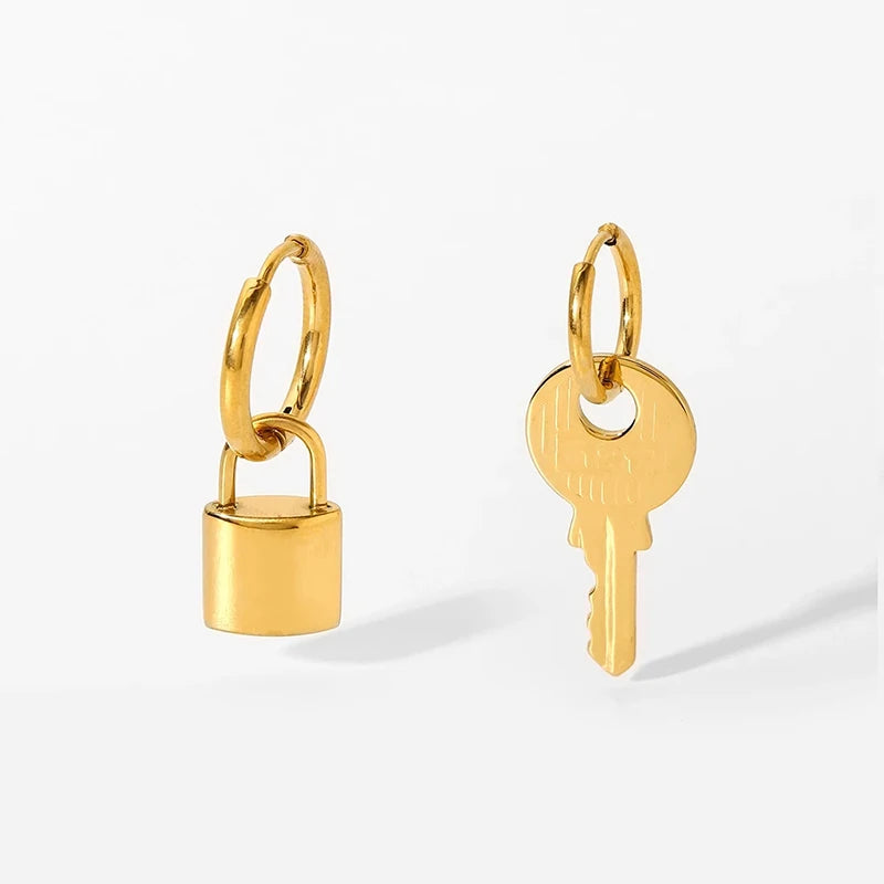 Jewerly Ideas: Chic 18K Gold Plated Stainless Steel Key Lock Hoop Earrings