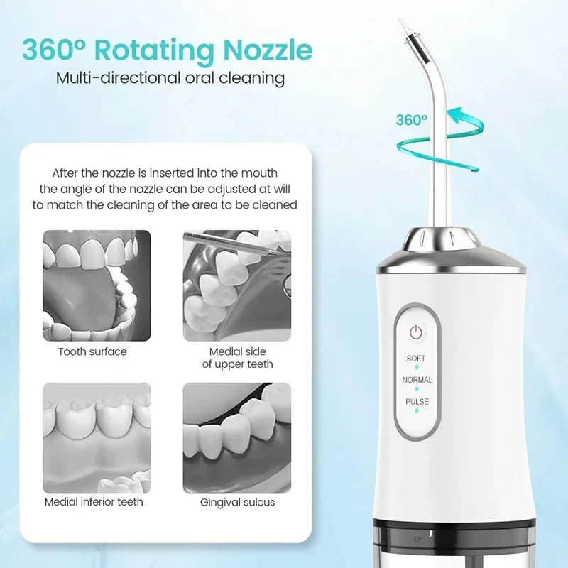 Effortless Teeth Cleaning & Whitening | 200ml Cordless Water Flosser with 3 Pressure Modes & 4 Nozzles - IPX7 Waterproof