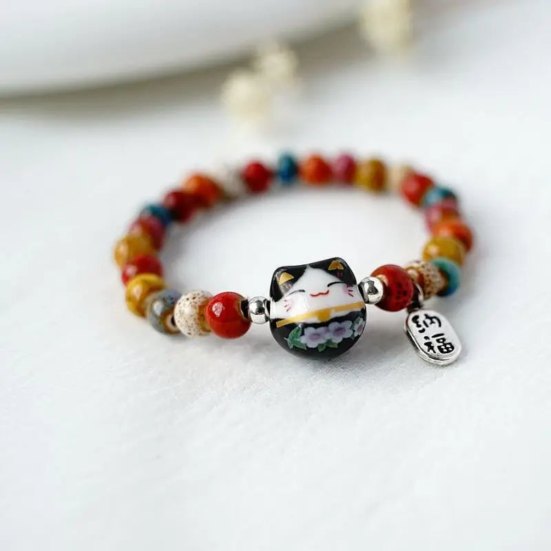 Cute Adjustable Lucky Cat Beaded Bracelet - Colorful Harajuku Charm