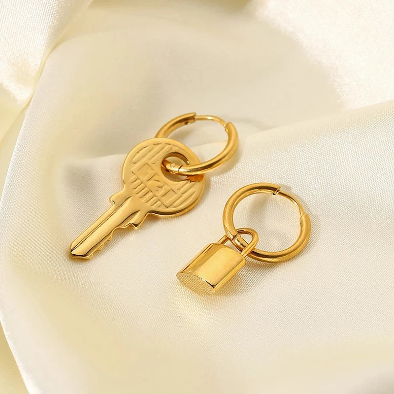 Jewerly Ideas: Chic 18K Gold Plated Stainless Steel Key Lock Hoop Earrings