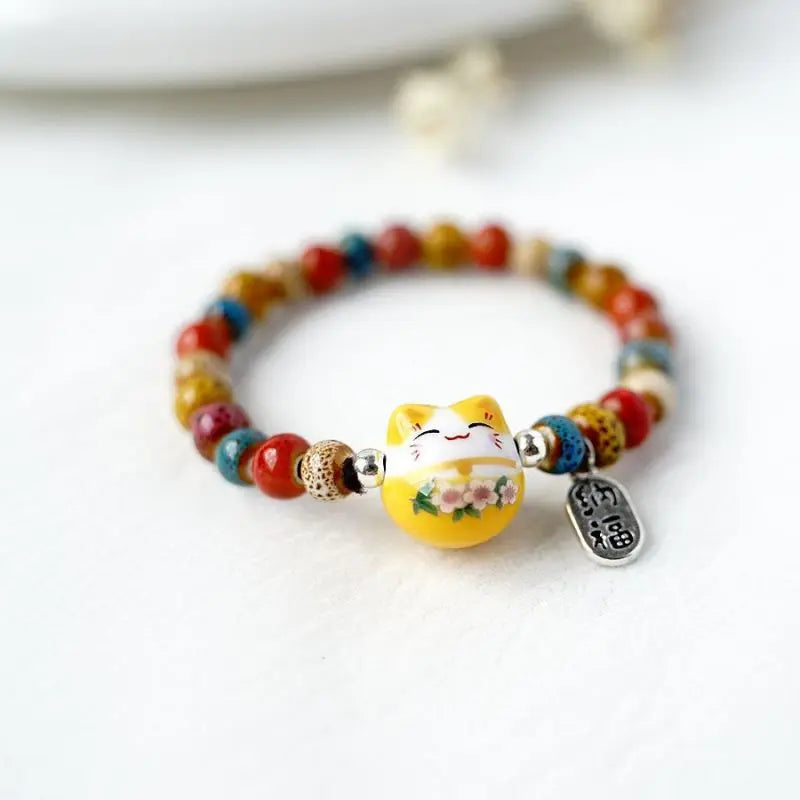 Cute Adjustable Lucky Cat Beaded Bracelet - Colorful Harajuku Charm