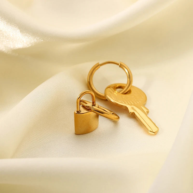 Jewerly Ideas: Chic 18K Gold Plated Stainless Steel Key Lock Hoop Earrings