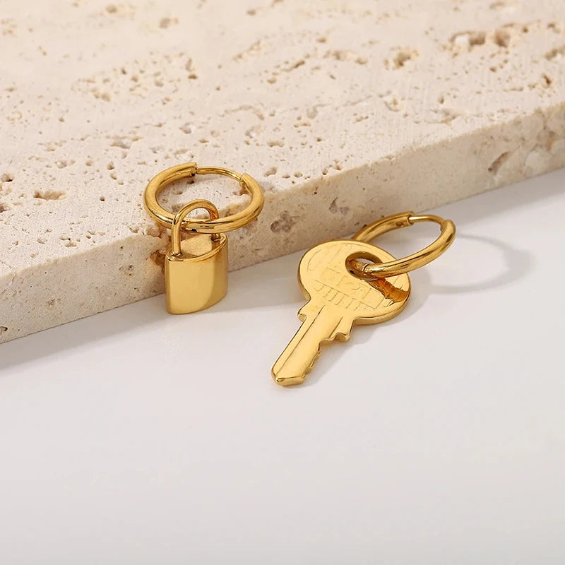 Jewerly Ideas: Chic 18K Gold Plated Stainless Steel Key Lock Hoop Earrings