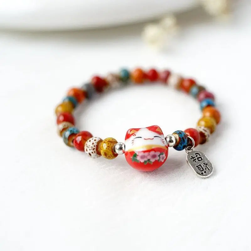 Cute Adjustable Lucky Cat Beaded Bracelet - Colorful Harajuku Charm