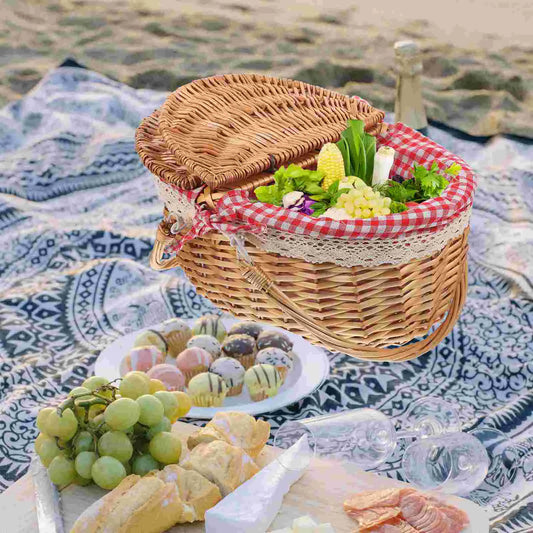 Wicker Picnic Basket with Handles - Cute Cloth-Lined Gift Basket & Woven Storage for Household UseWicker Picnic Basket with Handles - Cute Cloth-Lined Gift Basket & Woven Storage for Household Use