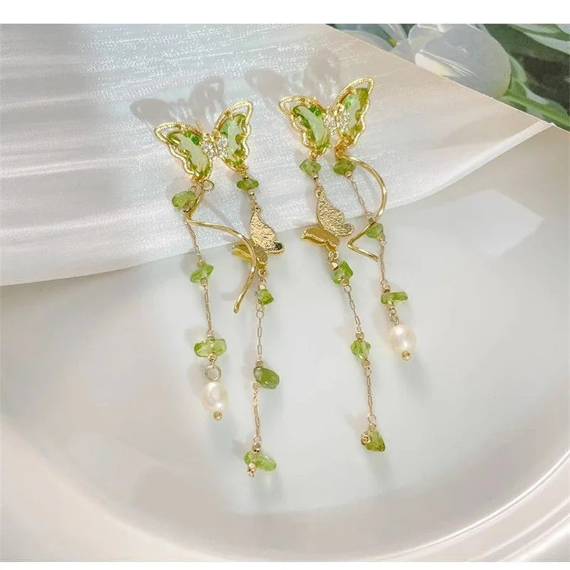 Green zircon earrings, butterfly earrings, tassel earrings